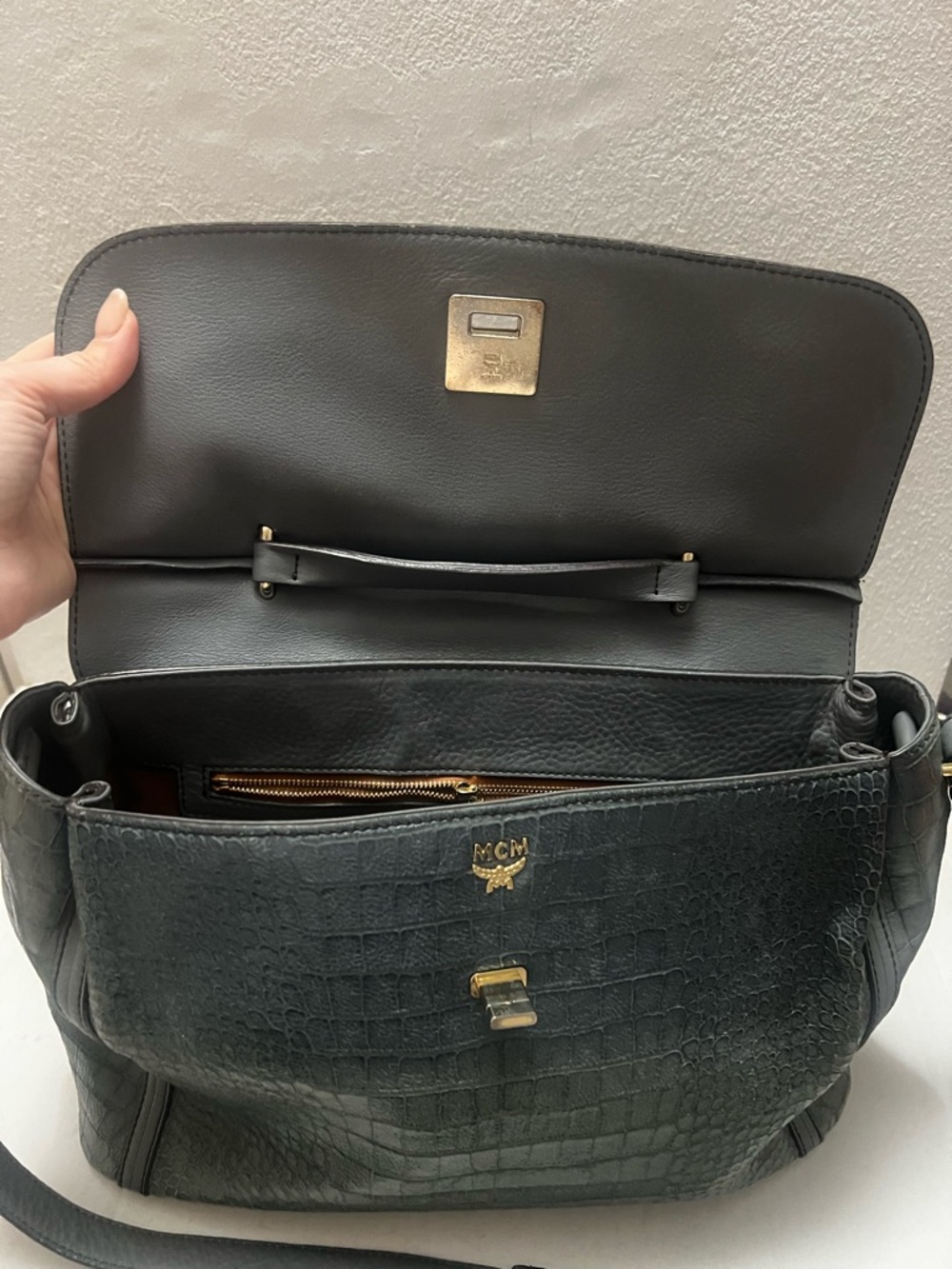MCM Mocha Luxe Handbag 2010 Vintage Croco Leather Satchel Bag Rare Khaki Gray - Picture 11 of 16